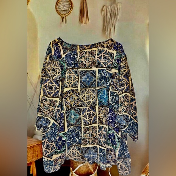 Anthropologie Tolani Boho Blouse pure silk tunic top tasseled tie 3/4 sleeve, 2X - Picture 10 of 14